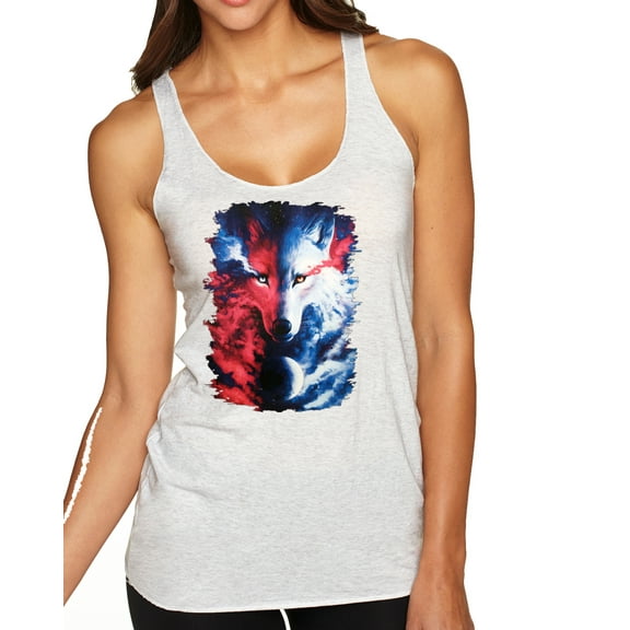 Wild Bobby, Artic Wolf Light Dark Good Bad Moon | Womens Animal Lover Premium Tri-Blend Racerback Tank Top, Heather White, Small