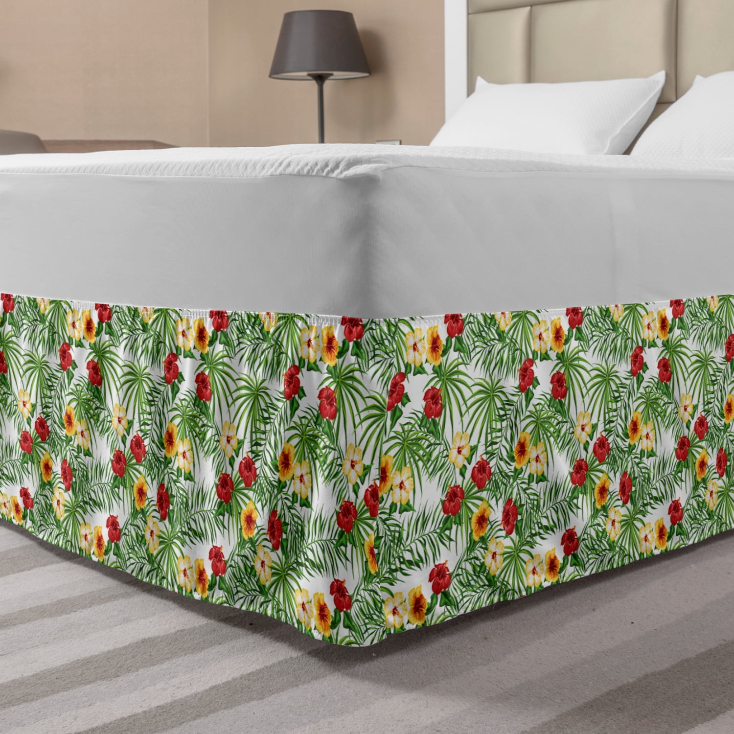 Hibiscus Bed Skirt, Spread Flowers and Leaves of Tropical Climates Pattern, Elastic Bedskirt