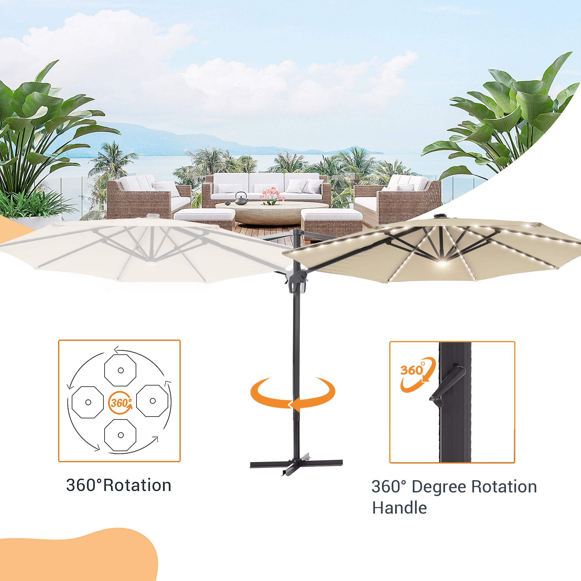 FLAME&SHADE 11 Ft LED Patio Cantilever Umbrella Outdoor Aluminum Offset  Hanging Rotation w/Solar Lights,Beige - Walmart.com
