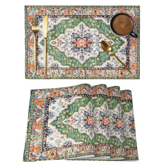 Green Boho Placemats Set of 4, Cotton Linen Fabric Place Mats, Ethnic Geometric Middle Century Art Washable Decorative Table Mats Protector for Home Kitchen Dining Wedding Party Coffee Tables
