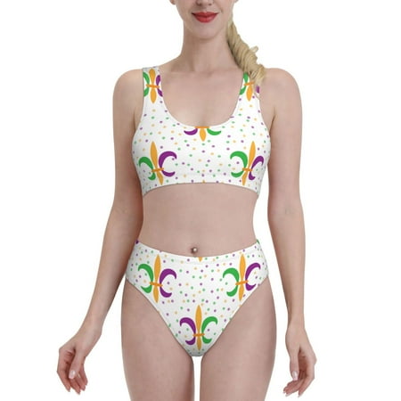 Bixox Mardi Gras Carnival1 Pattern Two-Piece Sports Bikini with U-Shaped Top and High-Waist Bottom - Women s Swimwear with Removable Bra Pads