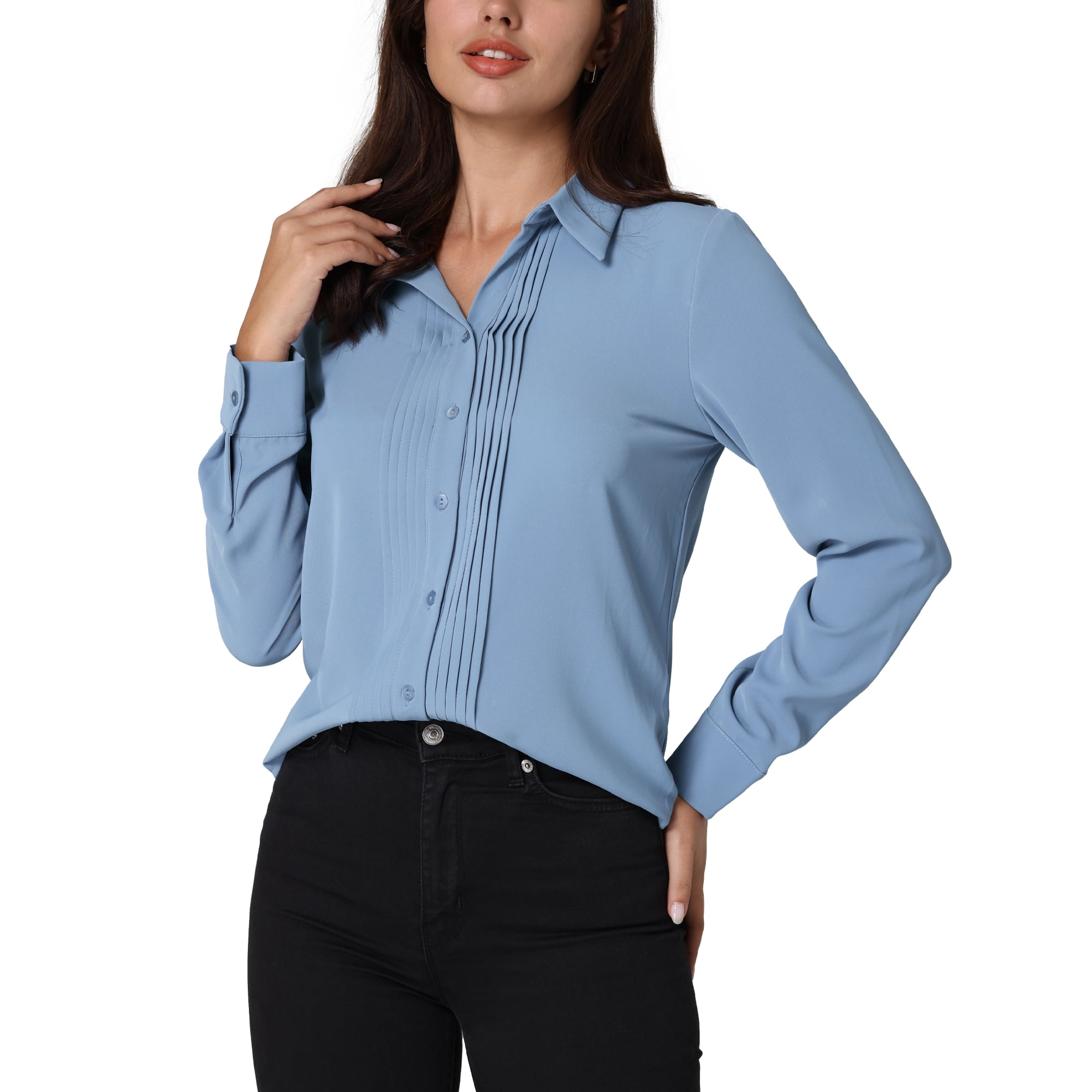 Unique Bargains Women s Work Shirt Long Sleeve Pleated Button Down Blouse Blue XL