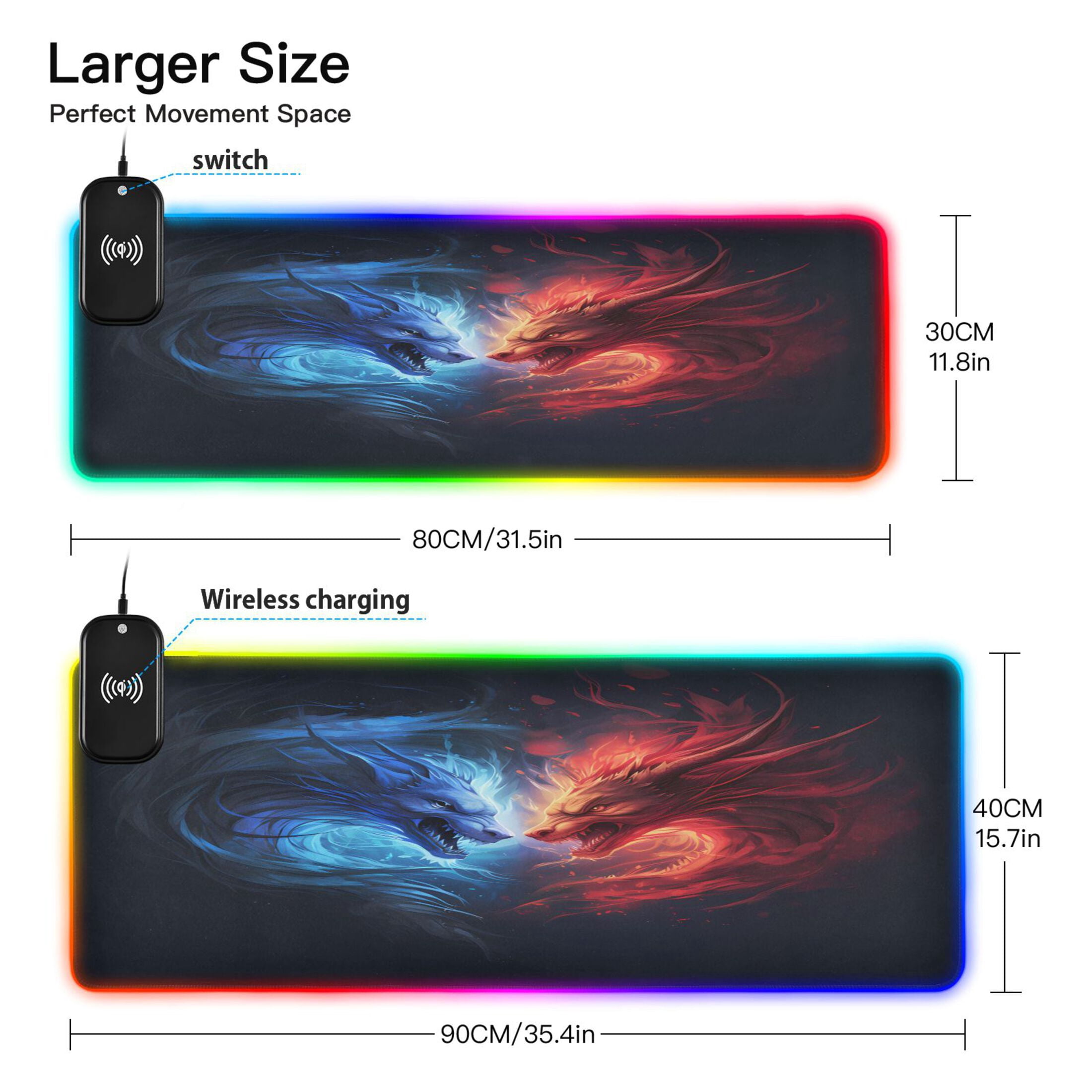Large RGB Gaming Mouse Pad Led Glowing Mousepad Non-Slip Rubber Base 13 Light Modes 31.5x11.8 Fantasy Dragons Head