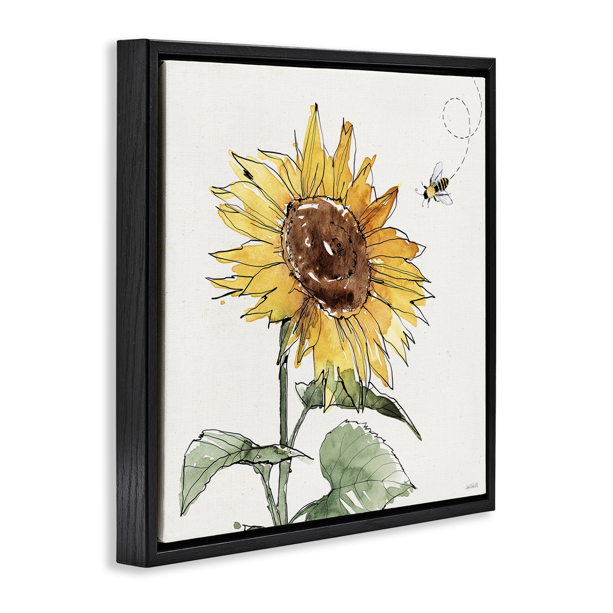 Stupell Industries Cheerful Sunflower Buzzing Bee Botanical & Floral Painting Black Floater Framed Canvas Art Print Wall Art, 25 x 25