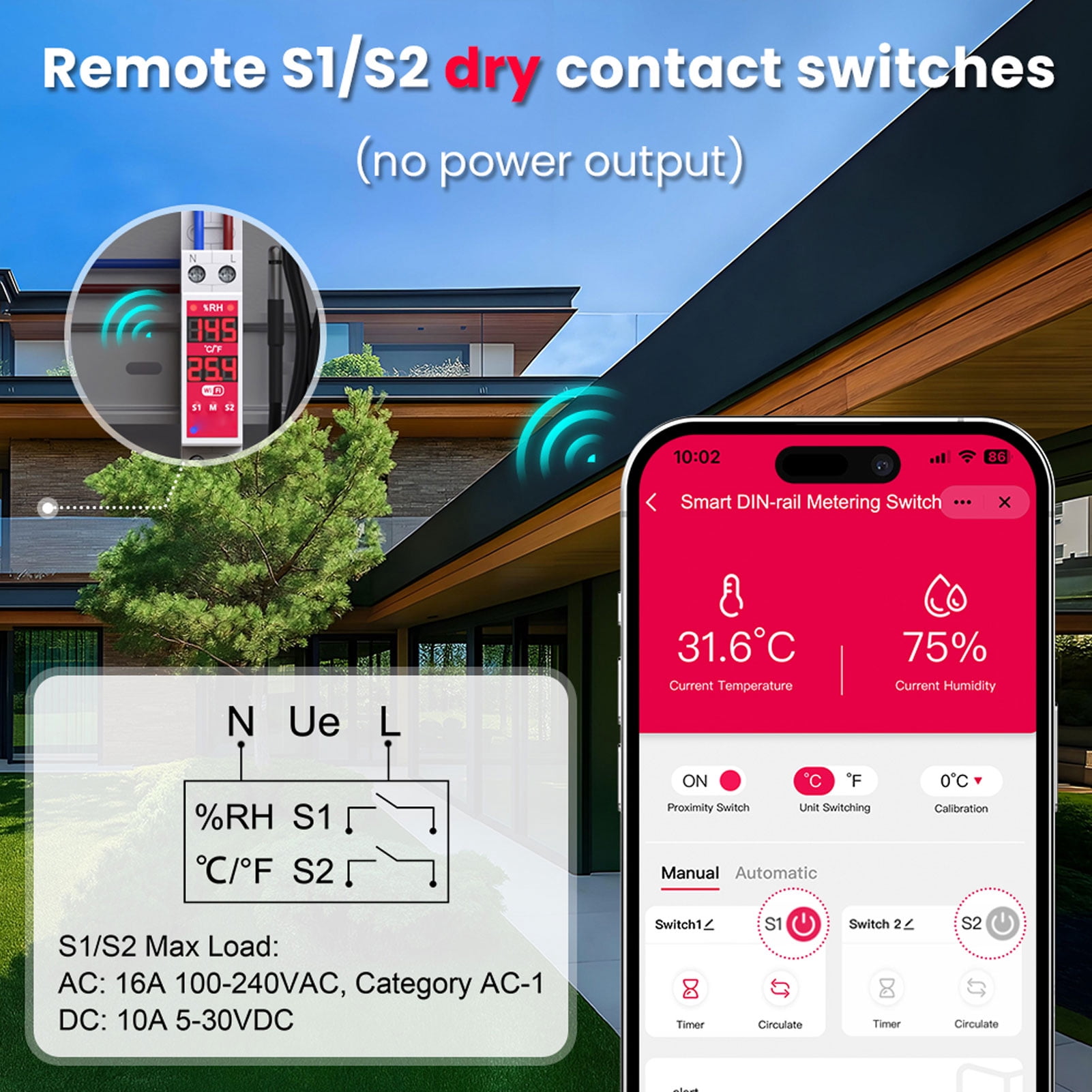 Suodoka WiFi Smart Temperature Humidity Switch 16A DIN Rail Mount Sensor -10-100C / 14-212F for Incubator Breeding Farm