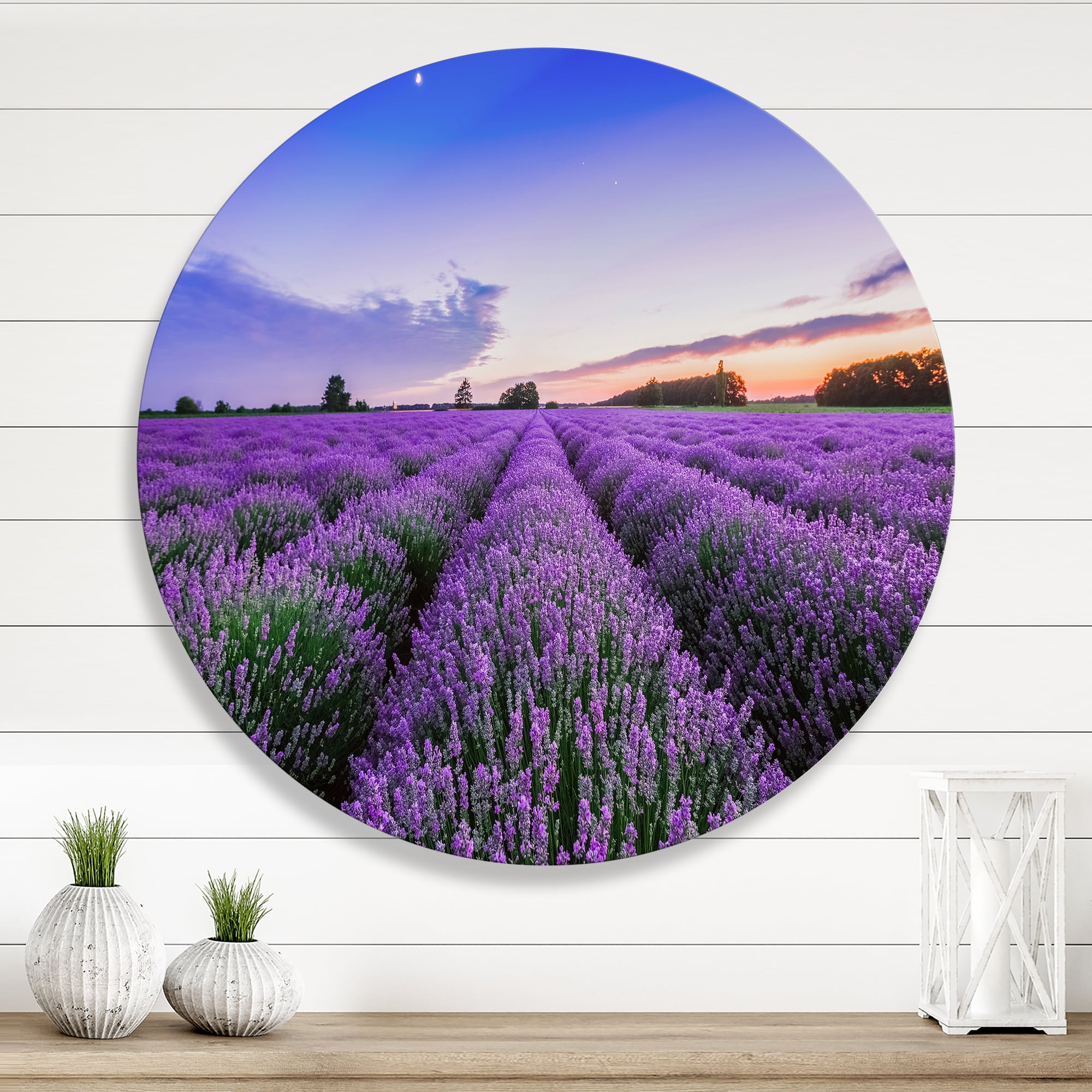 Designart 'Dramatic Clouds and Sunrise Over Lavender Field II' Farmhouse Circle Metal Wall Art 23x23 - Disc of 23