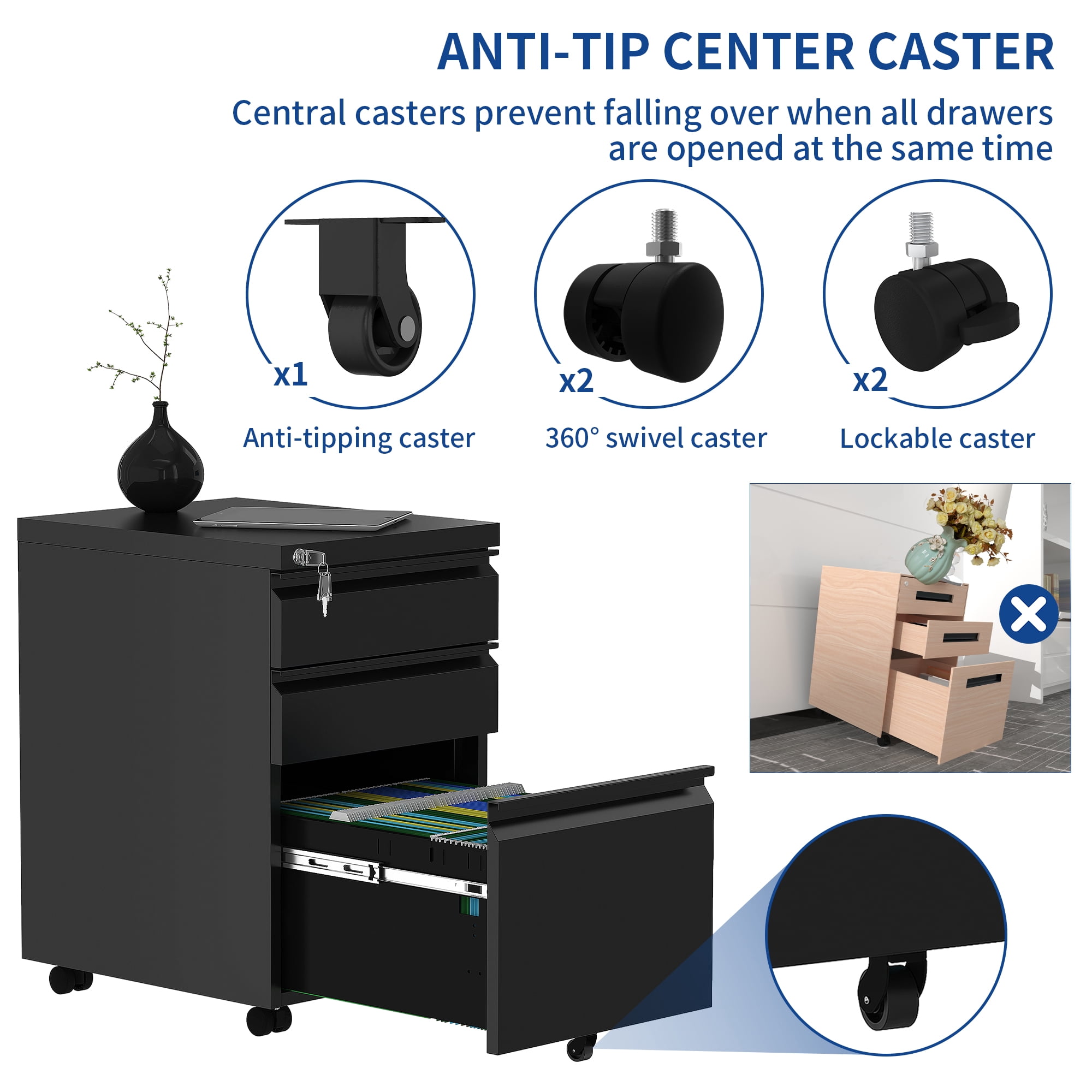 Uforic Fully Assembled 3-Drawer Lockable File Cabinet for Letter/Legal/A4 Size, Mobile Filing Cabinet with Wheels, Black