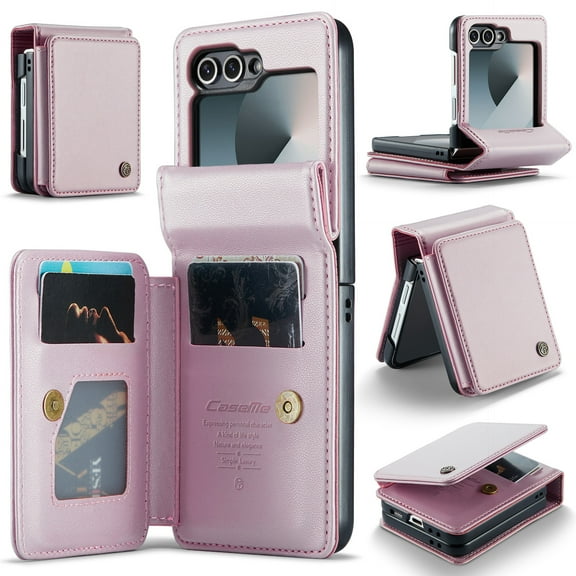 ELEHOLD Wallet Case for Samsung Galaxy Z Flip 6, premium PU leather zipper card holder phone case zipper card holder phone case,Pink
