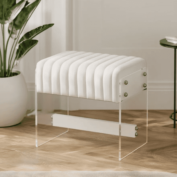 Acrylic U-Shaped Vanity Stool with Thick High-Resilience Sponge Cushion Premium Leather Surface Modern Minimalist Makeup Bench for Bedroom Bathroom Entryway Living Room