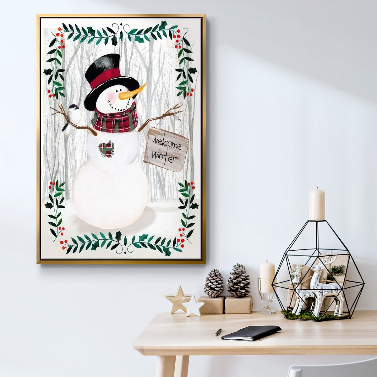 Folk Snowman Forest I - Framed Gallery Wrapped Holiday Canvas - 17 x 25 - Gold Frame