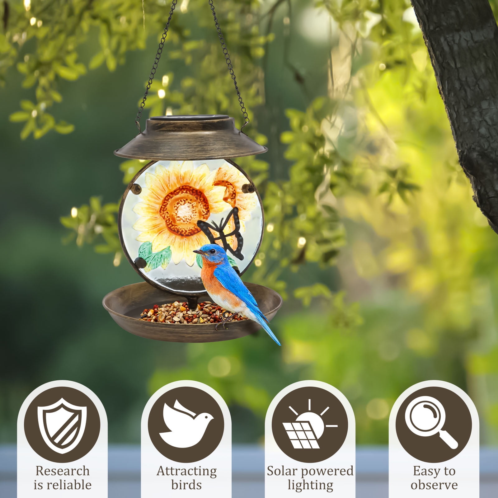 Threns Decorative Solar Bird Feeder Iron and Glass Solar Hummingbird Feeder with Hand Painted Pattern for Yard Patio Garden Outdoor