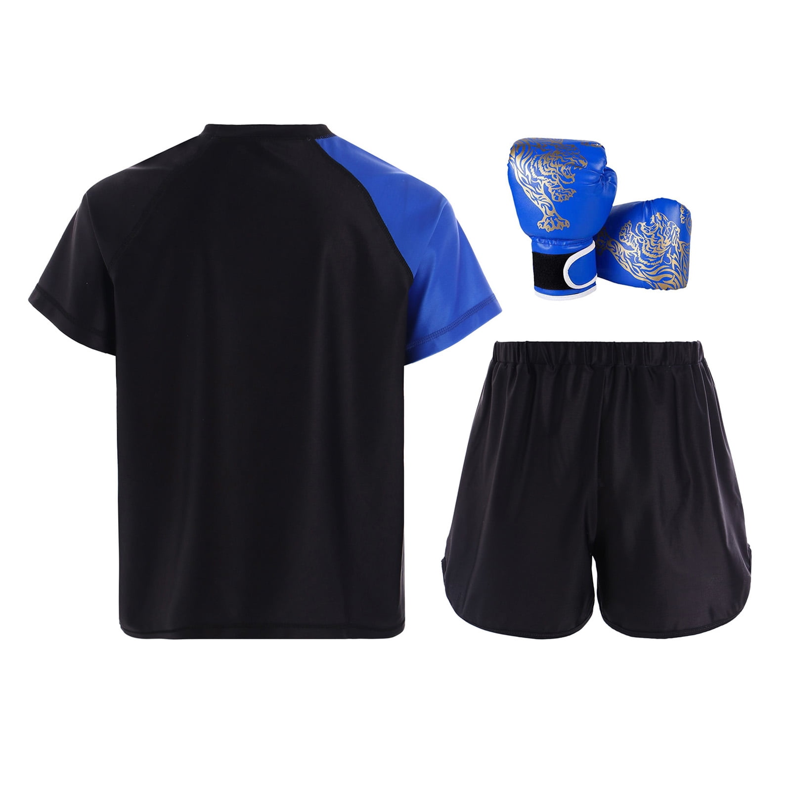Hansber Kids Boxing Outfit Kick Boxing Uniform Athletic T-Shirt Top with Muay Thai Shorts Trunks Boxing Gloves Set Blue 8