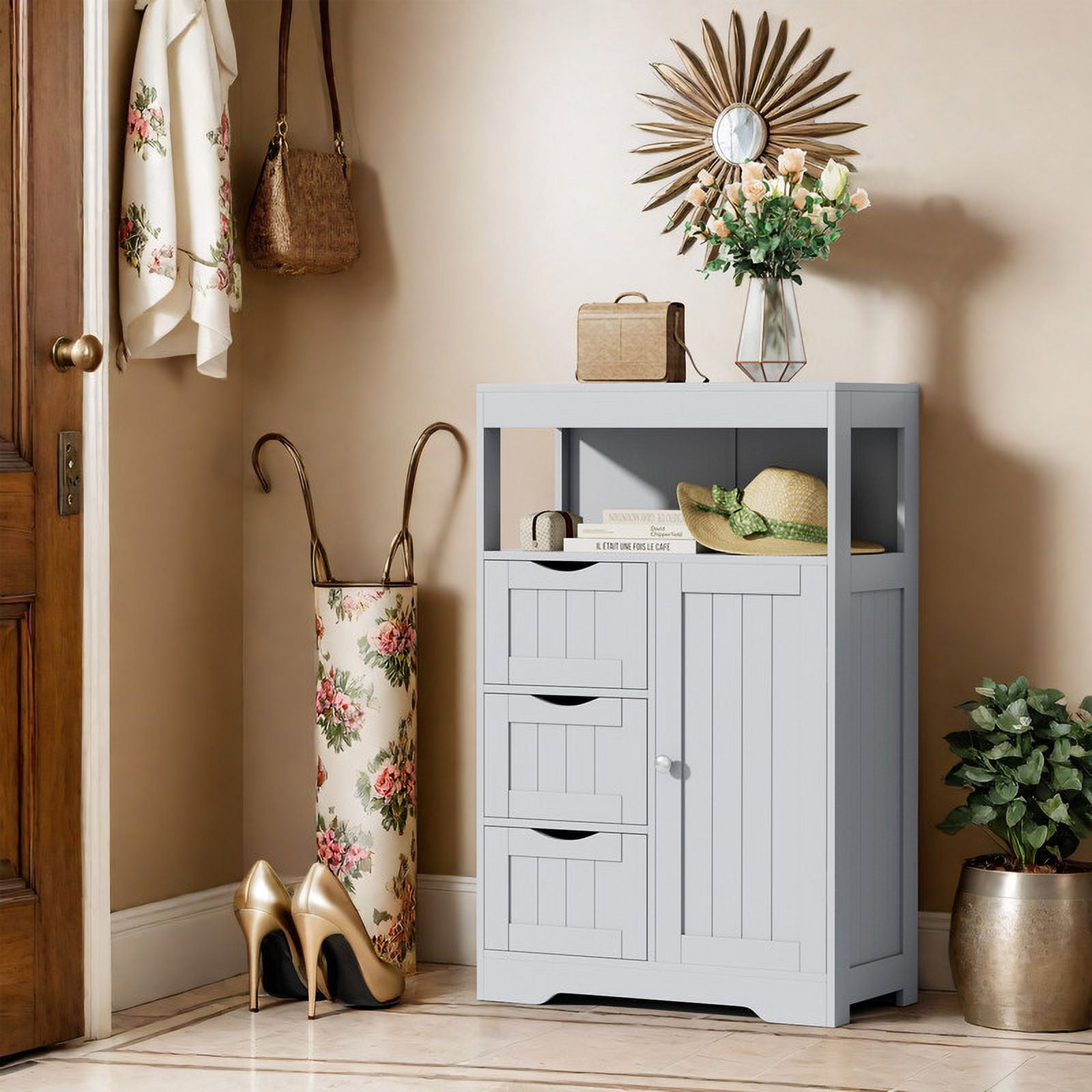 Homall Wood Bathroom Floor Cabinet with 3 Drawers and 1 Cupboard Free Standing Storage Organizer Hallway Entryway Cabinet for Living Room Kitchen, Gray