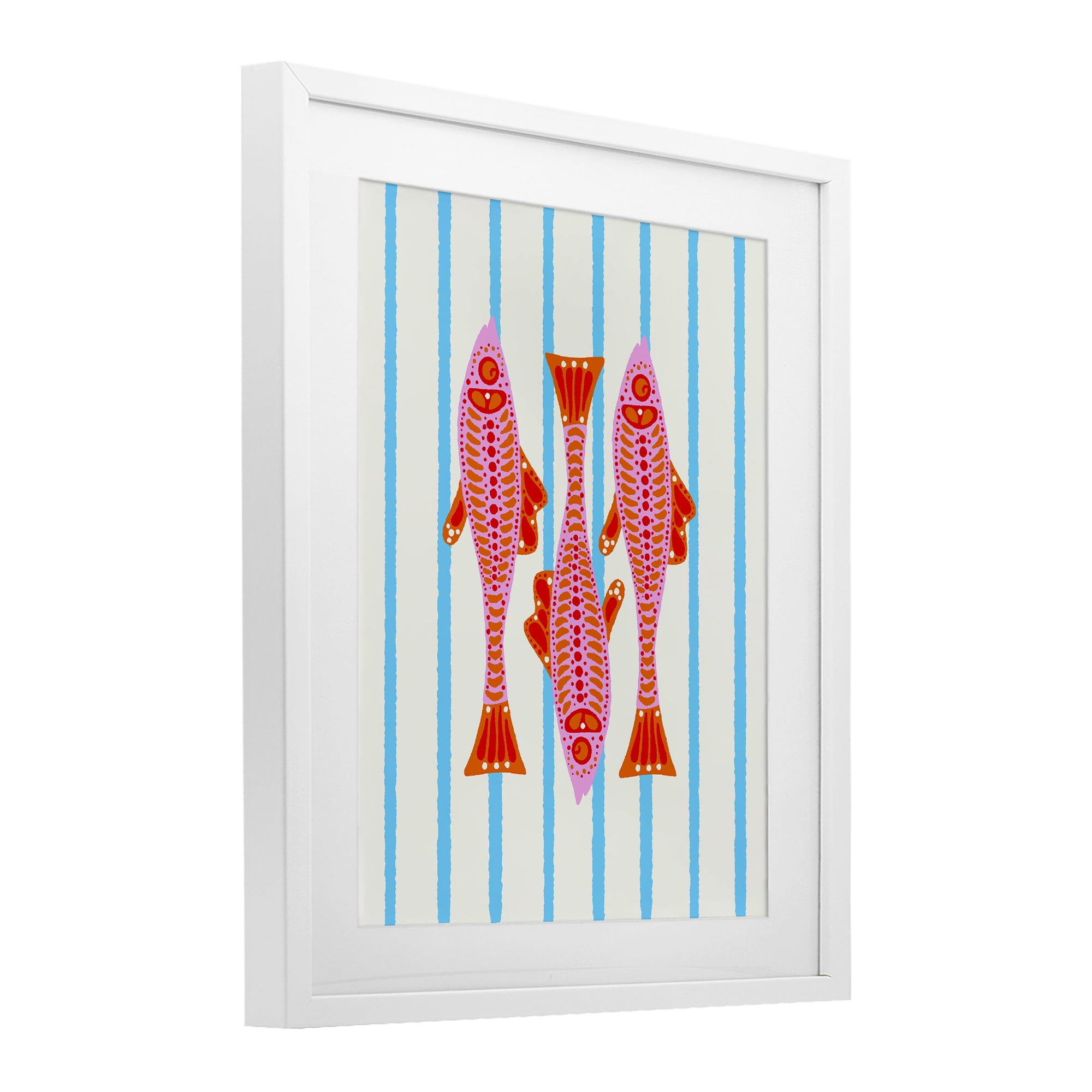 Stupell Industries Bright Aquatic Fish on Stripes White Framed Print Under Glass, design by Indira Prieto | IndySign