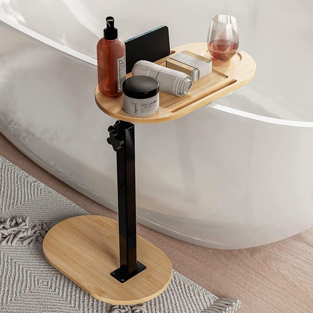 Bamboo bathtub tray table with adjustable height, freestanding bath