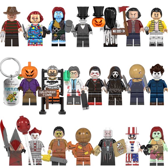 22 Pcs Halloween Minifigures Horror Movie Character Action Figures Building Blocks Toys for Kids Boys Collectible (Gift - 1PCS Turtle Keychain)