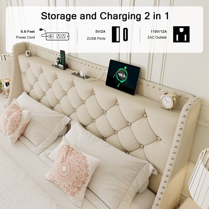 AENKYO King Size Platform Bed with Fast Charging Station, Storage Wingback Headboard, No Box Spring Needed, Beige