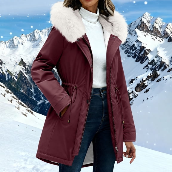 Gamivast Women's Winter Parka Coat with Faux Plush Fleece Trim Hood Plush Fleece Lining Adjustable Drawstring Waist Zip and Snap Closure Longline Warm Jacket for Outdoor Travel and Everyday Casual M