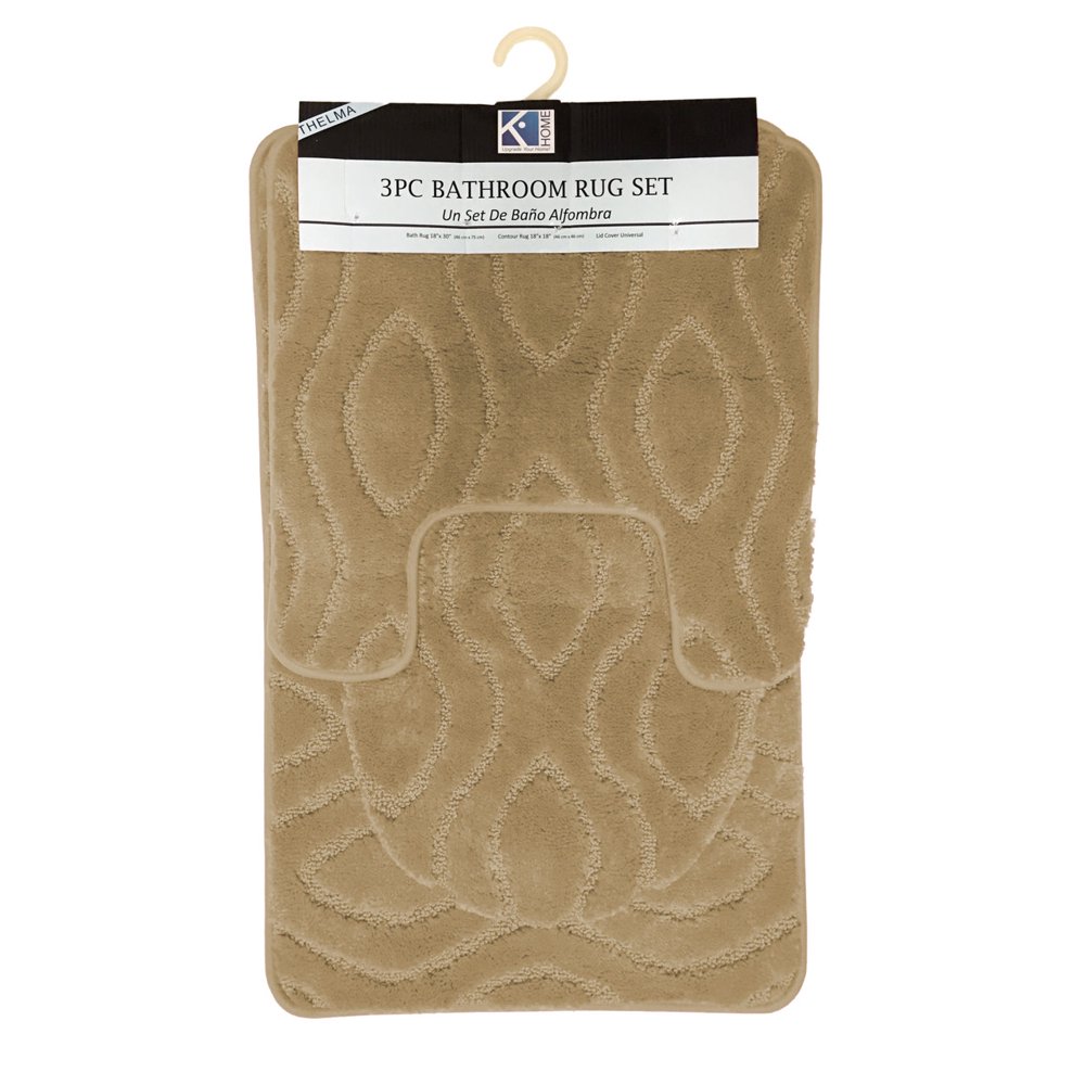 Thelma 3 Piece High Pile Ribbed Bathroom Rug Set, Bath Rug, Contour Rug
