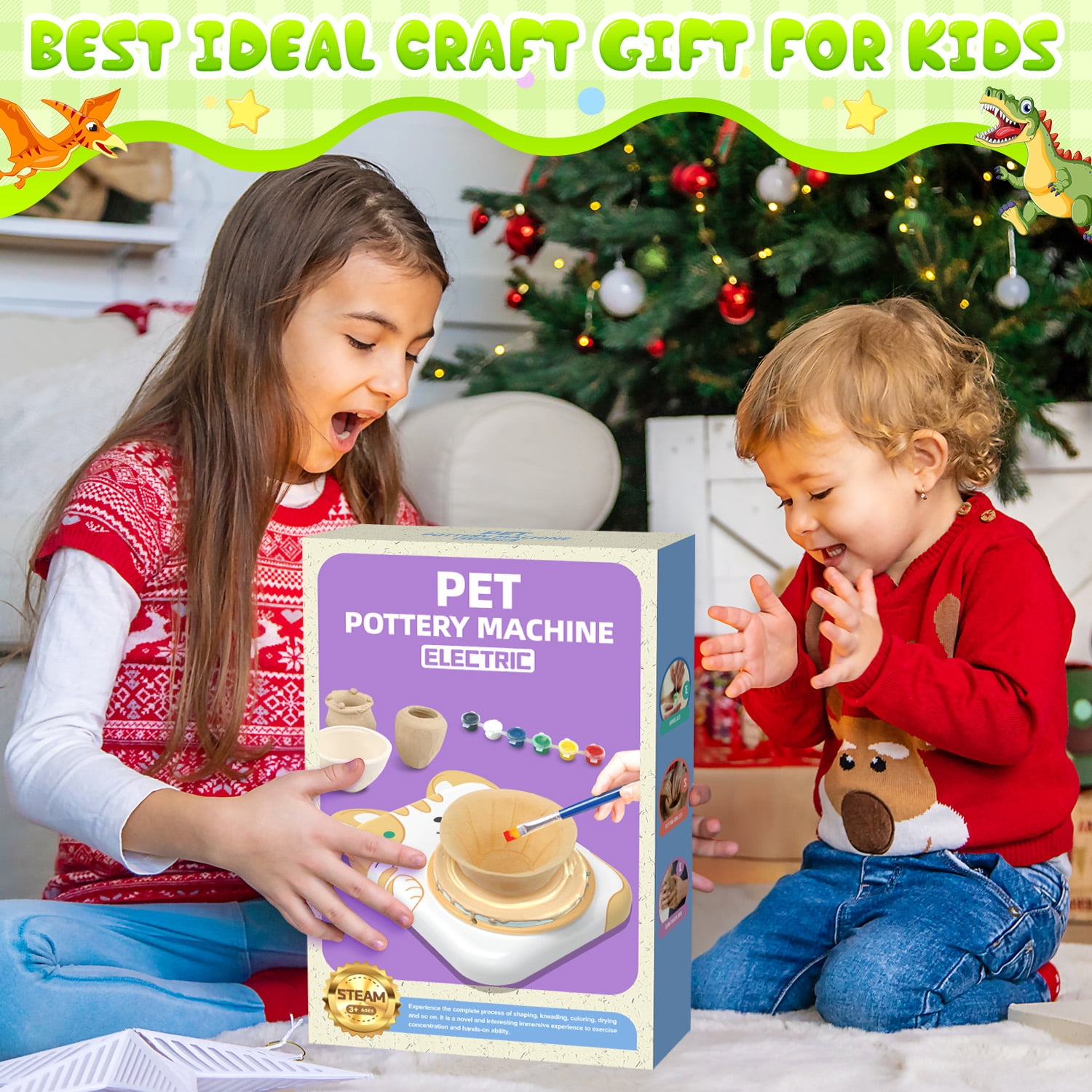 Huge Wave Pottery Wheel for Kids, Dinosaur Arts and Crafts Kit with 4 Clays, Air Dry Sculpting Clay and Craft Paint Toy Kit, Ideal Birthday Gifts for Aged 6-12