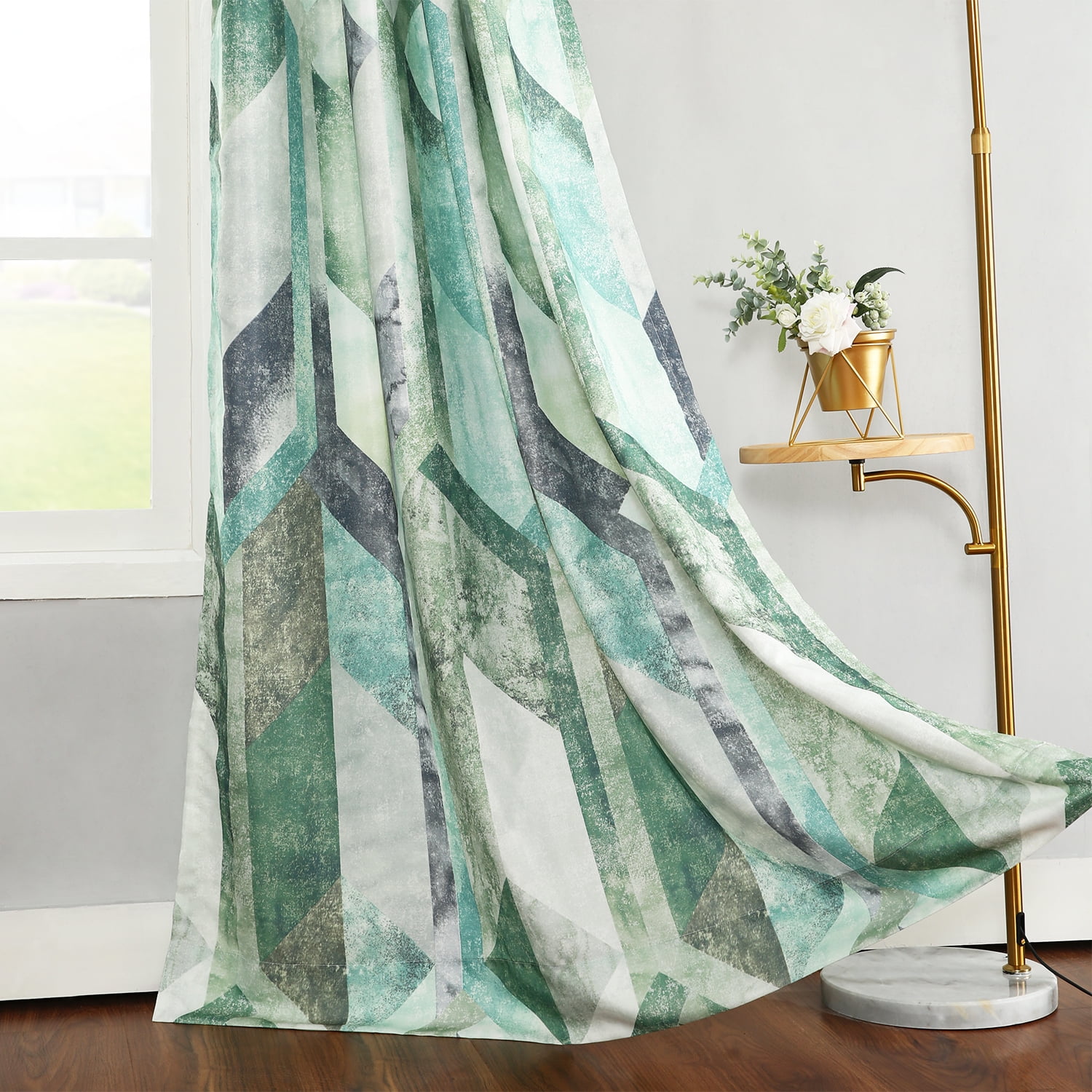 VOGOL Geometric Printed Draperies, Grommet, Faux Linen Curtains for Bedroom, 2 Pcs, 52x63inch, Green