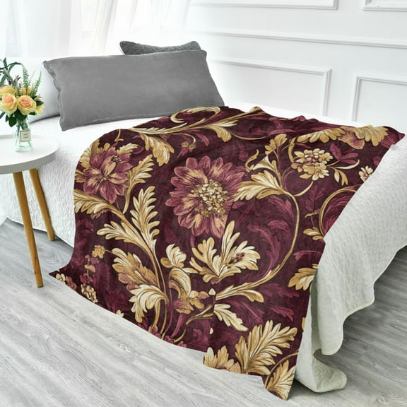 YAZAOO Travel Blanket Camping Blankets Fashion Red Floral Gold Filigree Patten