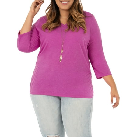 Shirred Knot - Women's Plus Size 3/4 Sleeve Shirred Side V-neck T-shirt