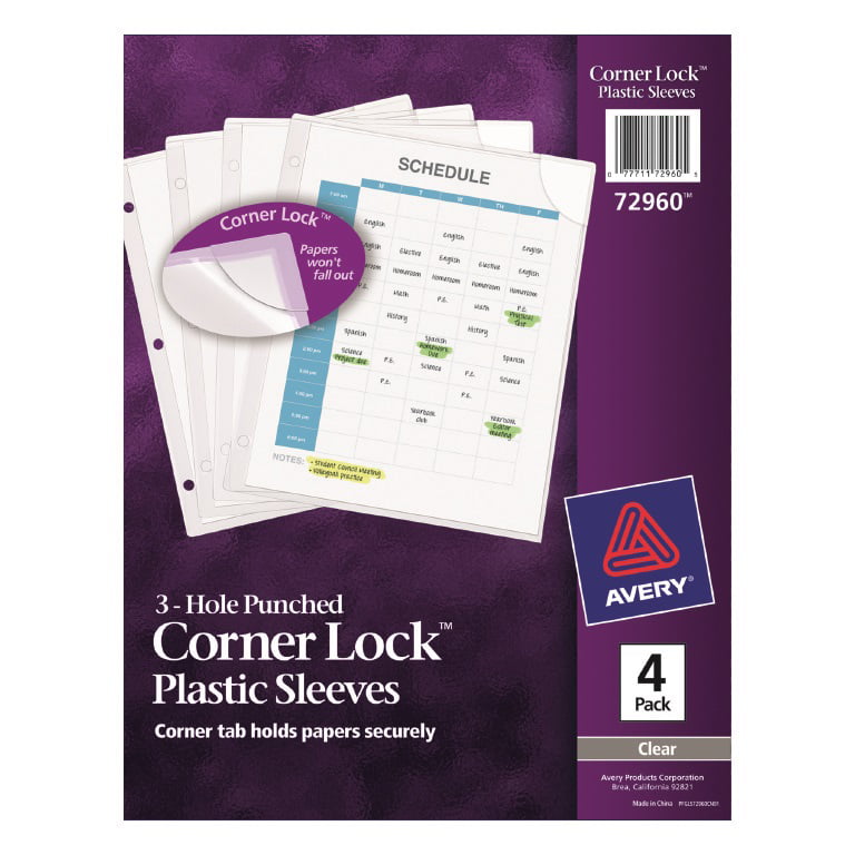 Three-Hole Punched Corner Lock 72960-4 Pack Avery® Plastic Sleeves 