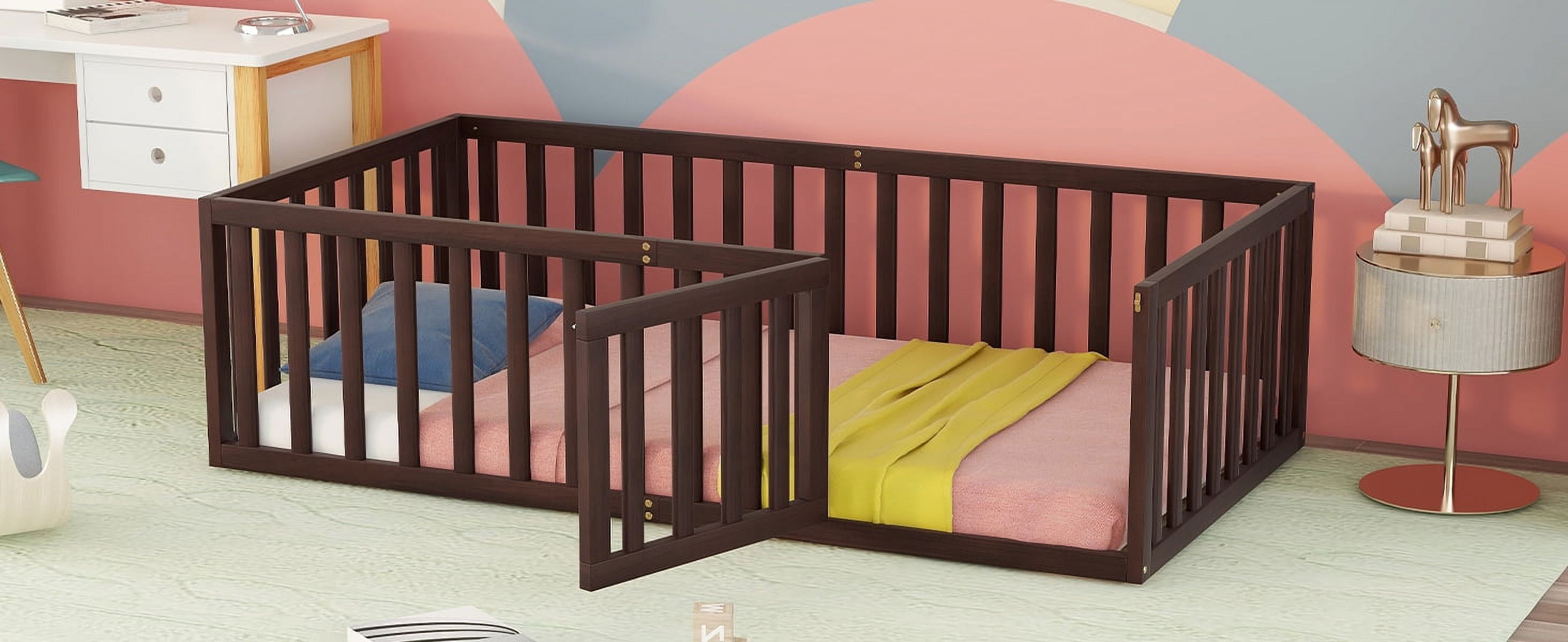 Mintazer Twin Floor Bed with Guardrails & Hinged Gate Door, Montessori Toddler Floor Bed Frame for Kids, Walnut
