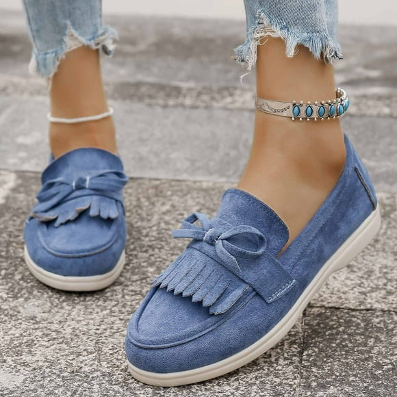 Pisexur Loafers for Women Fashion Retro Bowknot Fringe Womens Loafers Comfortable Suede Business Casual Slip On Shoes Women Lightweight Round Toe Flat Women's Shoes 5.5-9.5 Blue