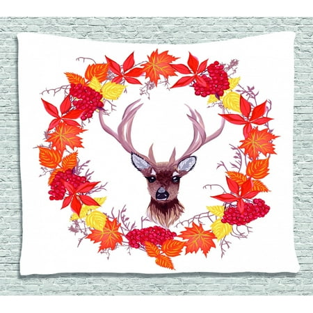 Fall Decorations Tapestry Reindeer Head In Rounded Wreath