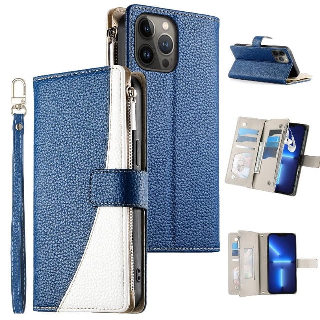 Funda cartera GANGXUN para iPhone 13 Pro Max , cuero PU con tarjetero, cremallera, correa de mano, soporte y protección 664°