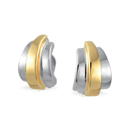 - Geometric Dome Shrimp Half Hoop Clip On Earrings For Women Non Pierced Ears 14K Gold Silver Plated Brass