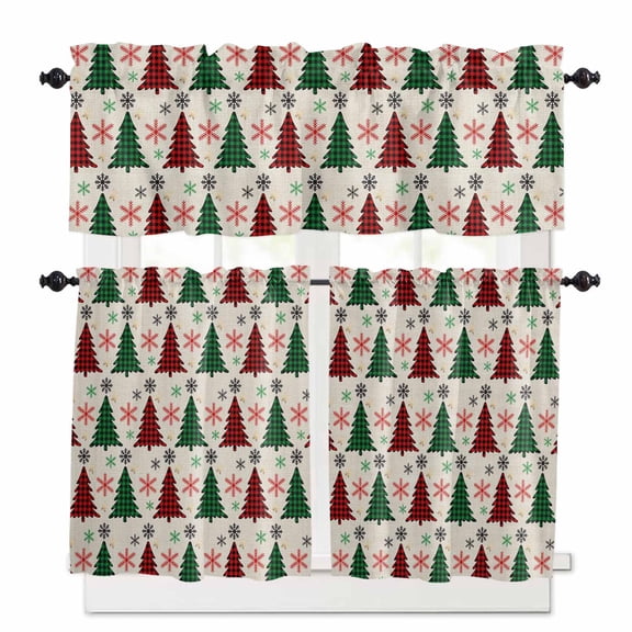 Christmas Trees Kitchen Curtains and Valances Set, Red Green Black Plaid Snowflakes Linen Texture Rod Pocket Window Valance Window Curtain Panels for Living Room Bedroom Laundry, 27.5x24in, 3 Pieces