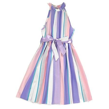 

Zlekejiko Girls Child Sleeveless Stripe Prints Beach Sundress Bow Tie Party Dresses Princess Dress First Dress for Girls Size 16 plus Or 18 Teal Outfits Girls