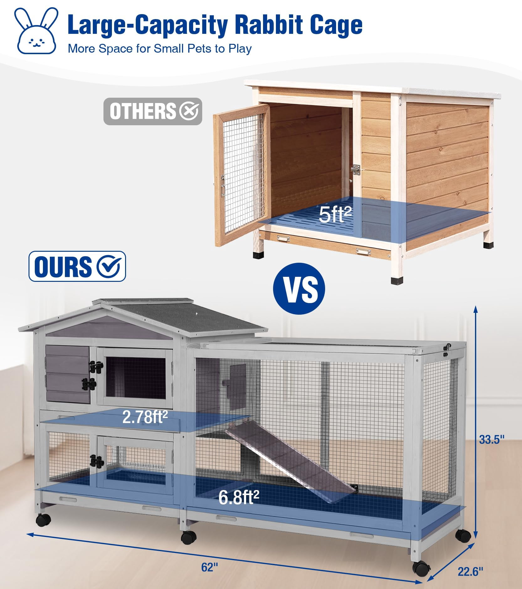 Aivituvin Large Rabbit Hutch Indoor, Bunny Cage Outdoor with Chew-Proof Ramp, 2-Story Guinea Pig Cages with 6 Wheels, 3 Pull-Out Trays, Waterproof Asphalt Roof, 62" L - Gray