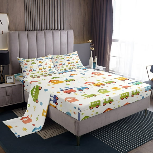 Cartoon Car Bed Sheets Set Kids Boys Colorful Train Transporation Print Sheets Watercolor Truck Car Cute Sheet Set Queen,Kawaii Railway Vehicles Bed Set for Teens Bedroom