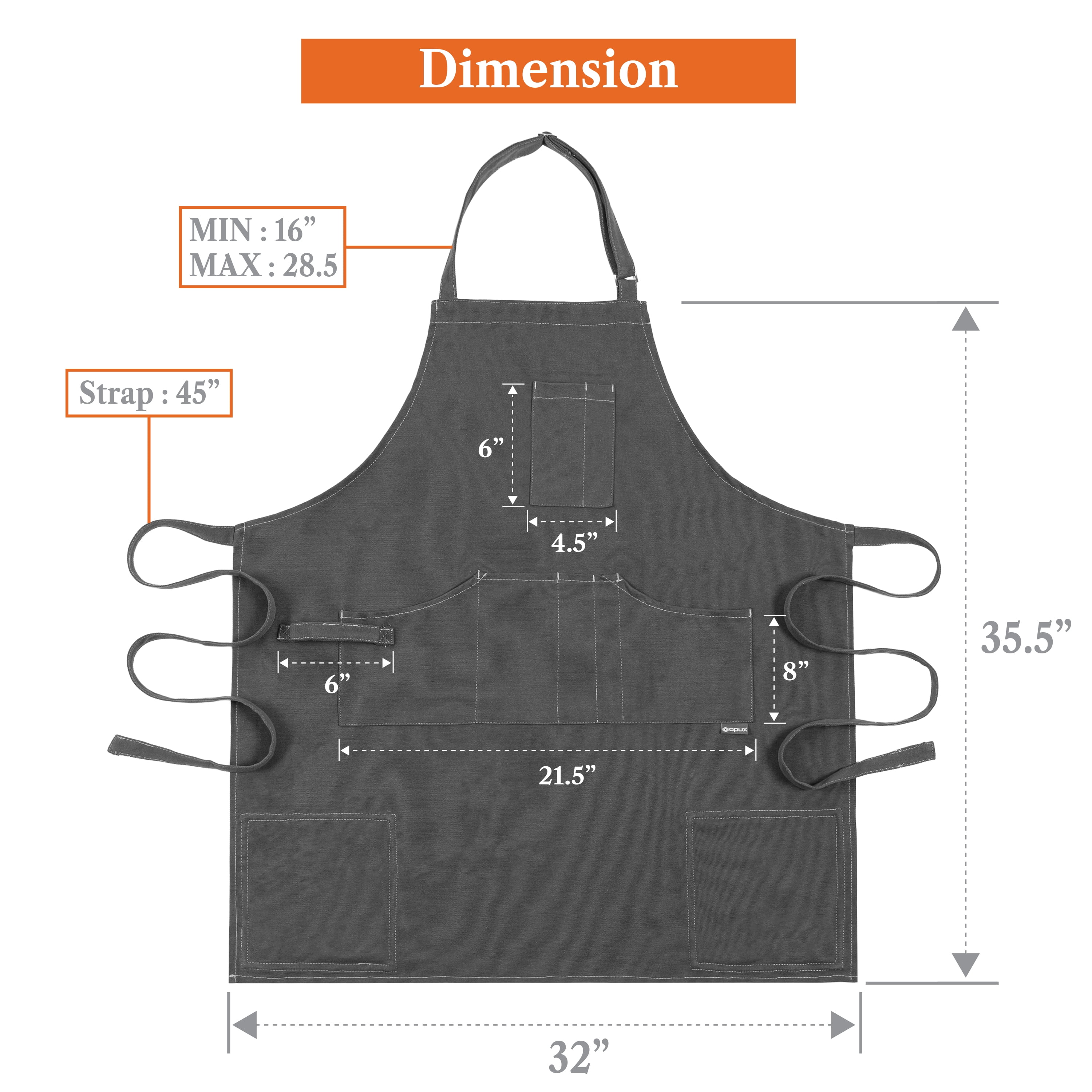 OPUX Chef Apron for Men, Canvas Apron with Pockets for Women, Large BBQ Apron for Kitchen Grilling Baking, Heavy Duty Work Apron with Adjustable Neck Strap for Barber Gardening, Grey