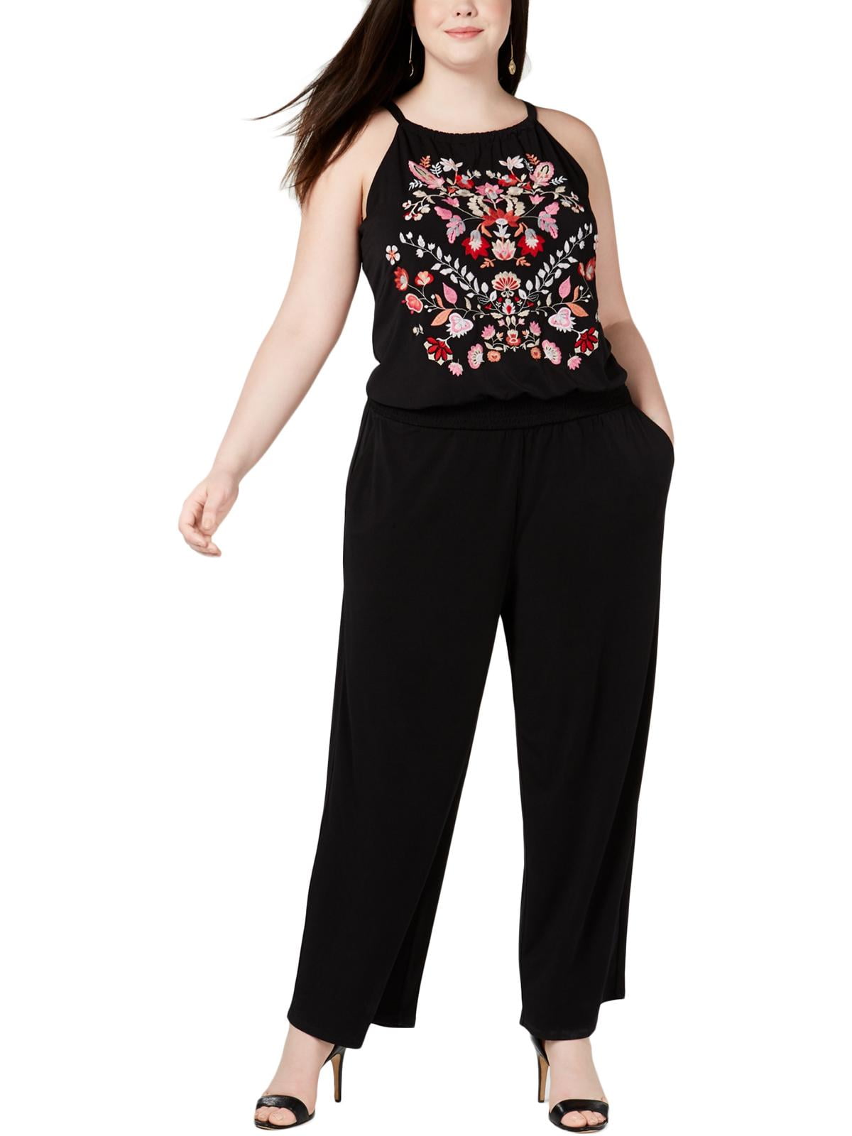 INC Womens Plus Floral Embroidered Jumpsuit Black 1X