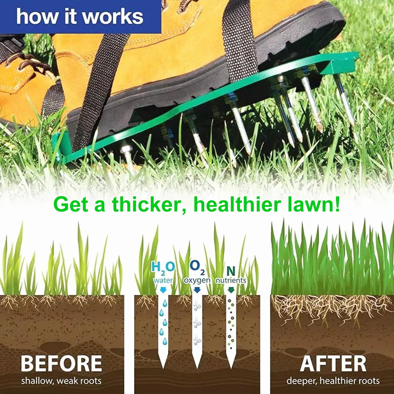 OIUR Lawn Aerator Shoes with Straps Adjustable Design Pre-Assembled Heavy Duty Spiked Sandals Aerator Lawn Tools