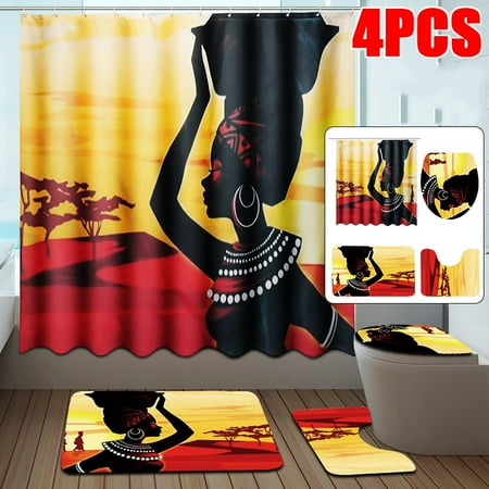 Bath Shower Curtains Waterproof Bathroom Set Exotic Customs African Girl Fabric Shower Curtain With Accessories OR 3pcs Toilet Cover Mats Non-Slip Rugs Home Decor