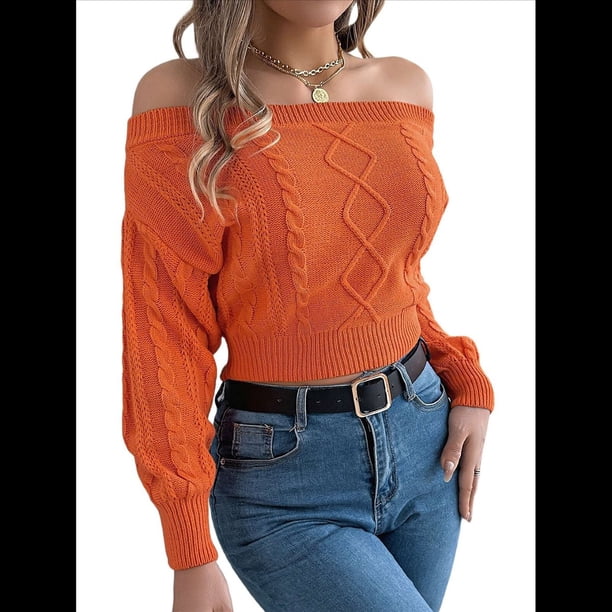Suéter de Mujer con Hombros Descubiertos, Jersey de Punto con Cable Liso, Top Informal de Larga, Suéteres Cortos Color Naranja S