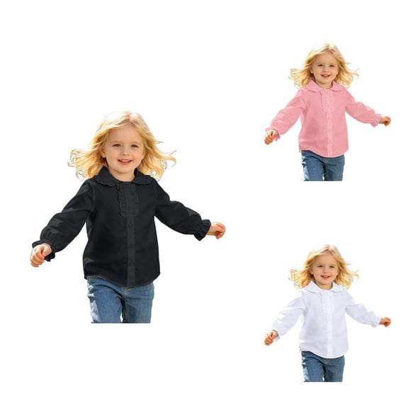 JAJAHO Button Up Shirts For Girls Kids Toddler Clothes Long Sleeve Peter Pan Collar Solid Color Ruffle Shirts 2-13Y Back To School Versatile Tops