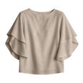 thumbnail image 5 of thefmos Women Summer Fall Round Neck 3/4 Sleeve Ruffle Flowy Tops Boho Casual Pullover Blouses Solid Dressy Vacation Clothes, Brown L, 5 of 5