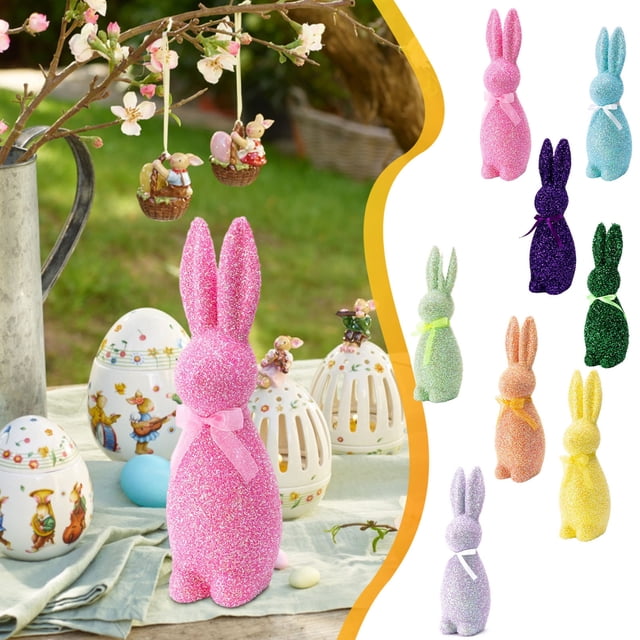 Decoración de jardín con purpurina de Pascua – Estatua de conejo sentado, figurita de purpurina de espuma 23cm x 7cm, lazo de cinta, acento de mesa navideño en casa brillante