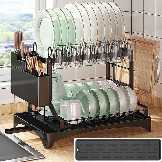 Estante para secar platos BOOLKER de 2 niveles, grande, con soporte para utensilios, negro