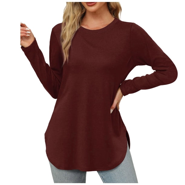 Túnica de manga larga con cuello redondo y abertura lateral para mujer - Camisa básica informal de corte holgado