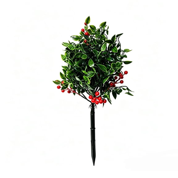 Doghiosgha Artificial Green Shrub Stake with Red Berries, Faux Garden Stake for Patio Yard Landscape Christmas Decor, 17.7 Inch