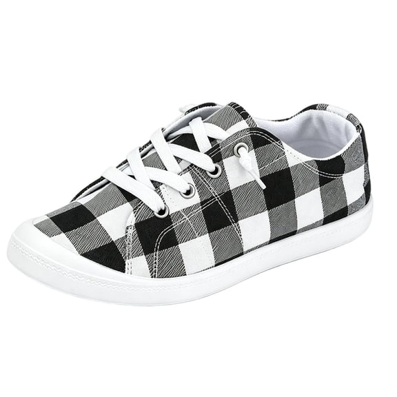 Women's Black White Plaid LowTop Canvas Sneakers Christmas Fashion Lace Up Lightweight Casual Walking Flat Shoes for Holiday Daily Wear