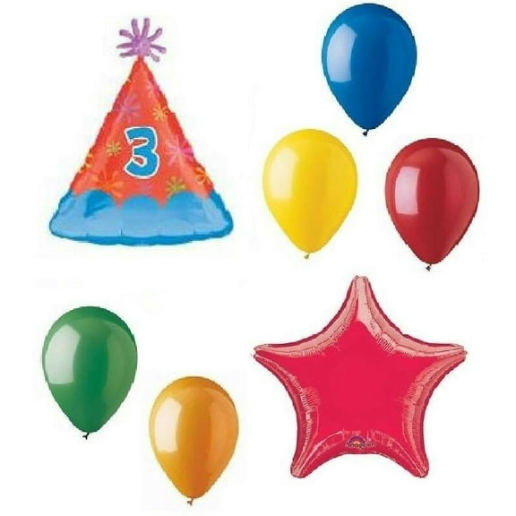3rd #3 Birthday Party (7) Piece Colorful Mylar & Latex Hat Balloons Set